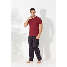 Ercan Erkek Kısa Kol Üst Bordo Alt Siyah Ekoseli Pijama Takımı