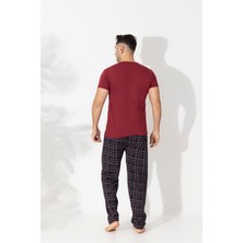 Ercan Erkek Kısa Kol Üst Bordo Alt Siyah Ekoseli Pijama Takımı