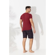 Ercan Erkek Kısa Kol-Şort Üst Bordo Alt Siyah Ekoseli Pijama Takımı