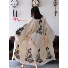 Bornoz ,Plaj Kıyafeti,Kimono , Kaftan ,Sabahlık Siyah Buda Desen Baskılı