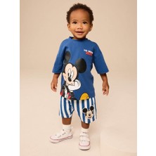 Magu Erkek Bebek Mickey Mouse Baskılı Mavi Tişört ve Çizgili Şort Takım