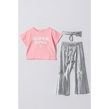 Magu Kız Çocuk Pamuklu Crop T-Shirt Parlak Gri Ispanyol Paça Alt-Üst Takım