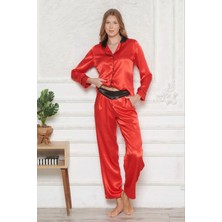 Angel's Story 1202 Kadın Saten Uzun Kollu Gömlek Pijama TakımKırmızı