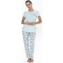 U.S. Polo Assn. 20088 Kadın Kısa Kollu Yakası Yarım Düğmeli Pijama Takımı-Mavi