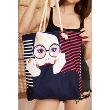 Zuuf Home Mujer Elegante Pop Art Desenli Dijital Baskılı Fermuarlı Kumaş Plaj Çantası