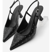 Marjin Kadın Stiletto Sivri Burun Arkası Açık Zımba Detaylı Topuklu Ayakkabı Timon Siyah