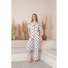 Ercan Kadın Kısa Kol Beyaz Üzeri Siyah Puanlı Önden Düğmeli Pijama Takımı