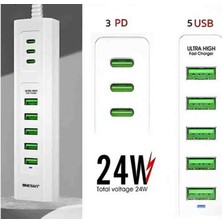 Onesam Rose Teknoloji 24W-4.8A 5 Usb/ 3 Type-C Girişli Hızlı Şarj Destekli Uzatma Kablolu Çoklu USB Şarj İstasyonu