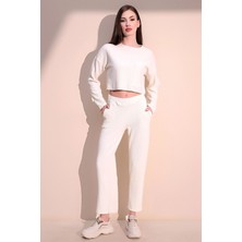New Laviva Kadın Ekru Modern Tarz Yumuşak Dokulu Beli Lastikli Cepli Pantolon