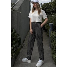 New Laviva Kadın Siyah Çizgili, Beli Lastikli, Cepli, Salaş Spor Pantolon