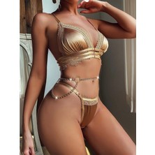 Hotflirt Zincirli Dantel Detaylı Büstiyer Takımı 8411 - Altın - S
