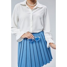 Emmas Clothing Kadın Ekru Büzgülü Kol Dantenli Yaka Detaylı Dokuma Gömlek