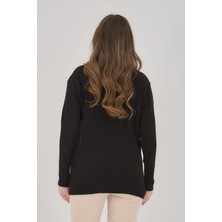 Fresh Moda Kadın Siyah Triko Esnek V Yaka Uzun Kollu Kışlık Anne Kazak