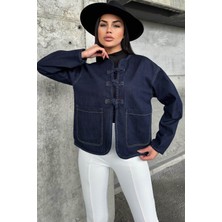 Lacivert Önden Bağlamalı, Cep Detaylı, Oval Kesim, Salaş Kot Ceket