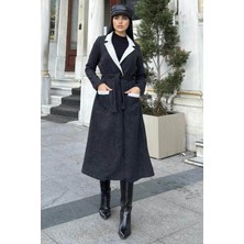 Siyah Çift Taraflı Kruvaze Yaka, Kuşaklı, Yumoş Dokulu, Duble Kaşe Uzun Ceket