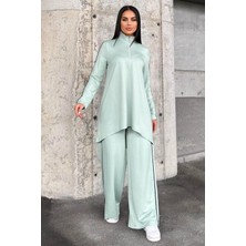 Mint Asimetrik Kesim, Fermuarlı Bluz & Bol Paça Pantolon - Viskon Iki Iplik Kumaş Alt & Üst Takım