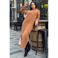 Taba Çift Taraflı Kapüşonlu, Yırttmaç Detaylı, Duble Yumoş Kaşe Uzun Elbise