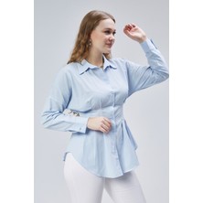 Emmas Clothing Kadın Belden Oturtmalı Pileli B.mavi Gömlek