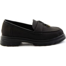 Bambi Siyah Keten  Kadın Loafer Ayakkabı K01997010518