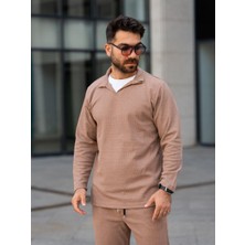 "erkek Polo Yaka Uzun Kollu T-Shirt – Waffle Kumaş, %100 Pamuk, Regular Fit, Günlük ve Spor Kullanım, Kahverengi (S-M-L-Xl-Xxl)"