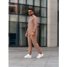 "erkek Polo Yaka Uzun Kollu T-Shirt – Waffle Kumaş, %100 Pamuk, Regular Fit, Günlük ve Spor Kullanım, Kahverengi (S-M-L-Xl-Xxl)"