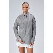 Emmas Clothing Siyah Beyaz Çizgili Oversize Kadın Gömlek