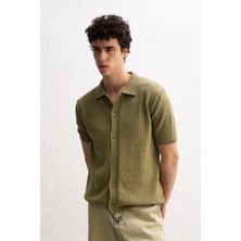 Giesto Palmiye Desenli Triko Haki Gömlek