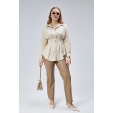 Emmas Clothing Kadın Belden Oturtmalı Pileli Bej Gömlek