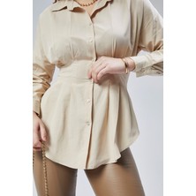 Emmas Clothing Kadın Belden Oturtmalı Pileli Bej Gömlek