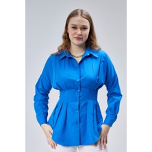 Emmas Clothing Kadın Belden Oturtmalı Pileli Saks Gömlek