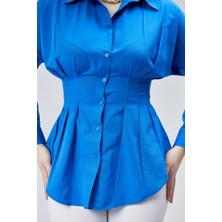 Emmas Clothing Kadın Belden Oturtmalı Pileli Saks Gömlek