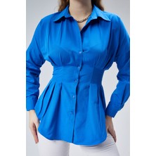 Emmas Clothing Kadın Belden Oturtmalı Pileli Saks Gömlek