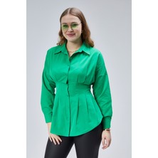 Emmas Clothing Kadın Belden Oturtmalı Pileli Yeşil Gömlek