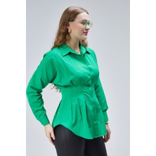 Emmas Clothing Kadın Belden Oturtmalı Pileli Yeşil Gömlek