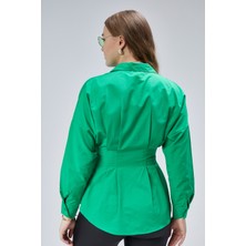 Emmas Clothing Kadın Belden Oturtmalı Pileli Yeşil Gömlek