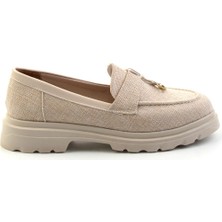 Bambi Bej Keten   Kadın Loafer Ayakkabı K01997010518