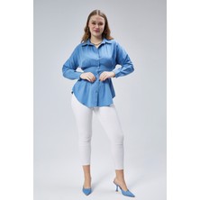 Emmas Clothing Kadın Belden Oturtmalı Pileli Mavi Gömlek