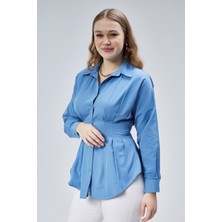 Emmas Clothing Kadın Belden Oturtmalı Pileli Mavi Gömlek