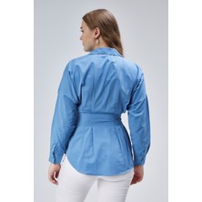 Emmas Clothing Kadın Belden Oturtmalı Pileli Mavi Gömlek