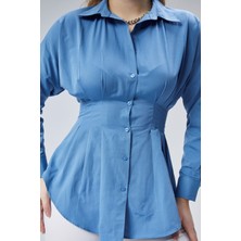 Emmas Clothing Kadın Belden Oturtmalı Pileli Mavi Gömlek