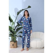Kadın 30013 Boydan Düğmeli Uzun Kol Pijama Takımı Mavi