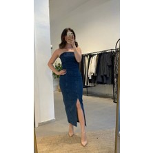 Straplez Yırtmaçlı Denim Elbise