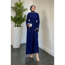 Mimoza Kolları Taşlı Krep Abiye Lacivert
