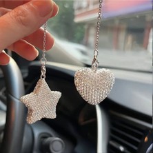 FESECRAFT Lüks Mini Taşlı Parıltılı Kalp Yıldız Dikiz Aynası Süsü Araç Aksesuar Süslemeleri