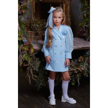 Kız Çocuk Bilekleri Inci Boncuk Işlemeli Kolları Şeffaf Kumaş Taş Düğme Detaylı Mavi Elbise