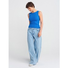 Dilvin 71787 Paçası Dikişsiz Geniş Denim Pantolon-Gri