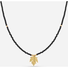 Meks Jewels Oniks Taşlı Gümüş Çınar Yaprağı Kolye