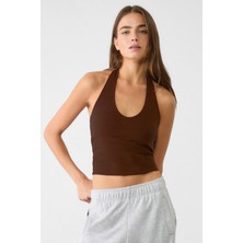 Vodens Kadın Kahverengi Halter Yaka Crop Top Body
