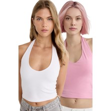 Vodens Kadın Pembe Beyaz 2'li Halter Yaka Crop Top Body