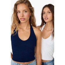 Vodens Kadın Lacivert Beyaz 2'li Halter Yaka Crop Top Body